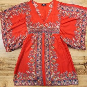 Angie Women's Mini Kimono Dress M? Asian Inspired Dress V-Neckline Paisley Boho